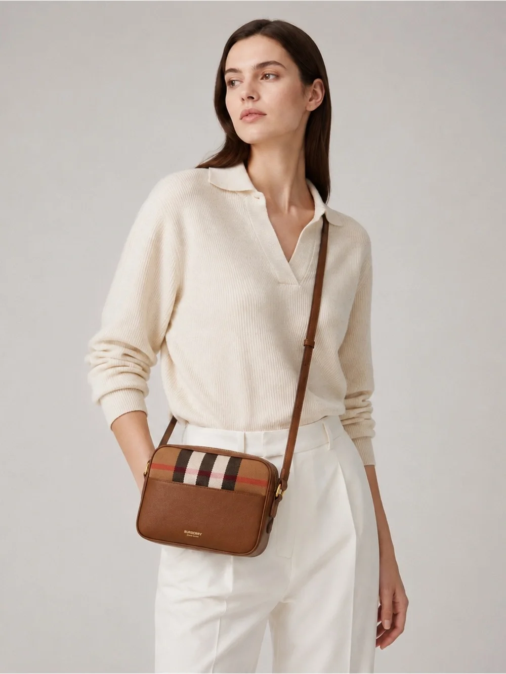 Burberry Brown Leather camera Bag with Signature Check